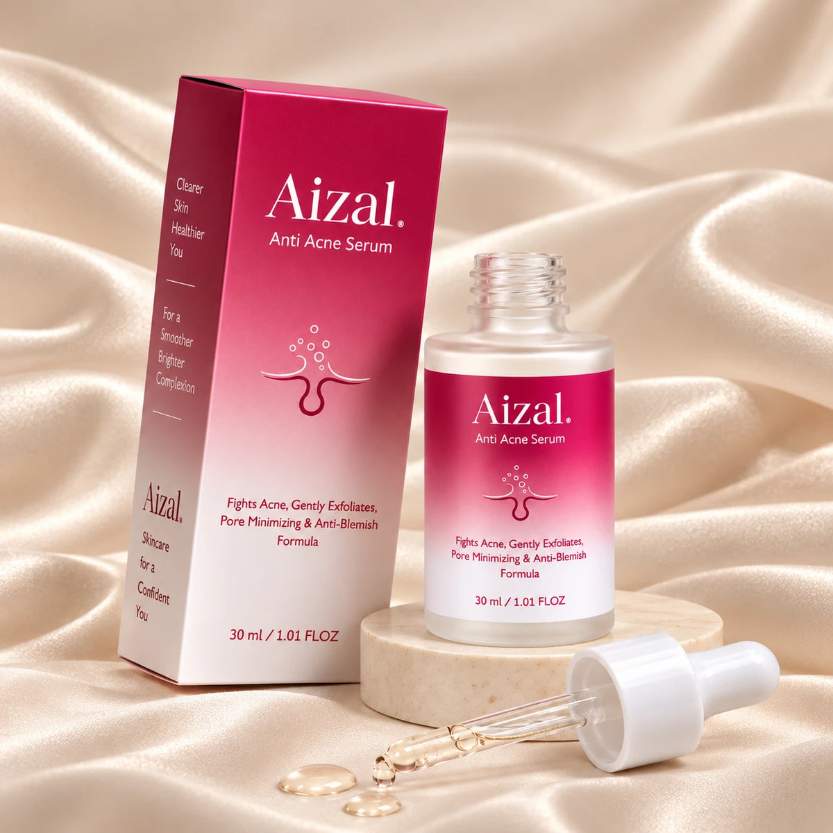 Anti Acne Serum bottle and its pink packaging box, displayed on a beige marble block with a glass dropper and gold serum droplets on a draped champagne satin background.