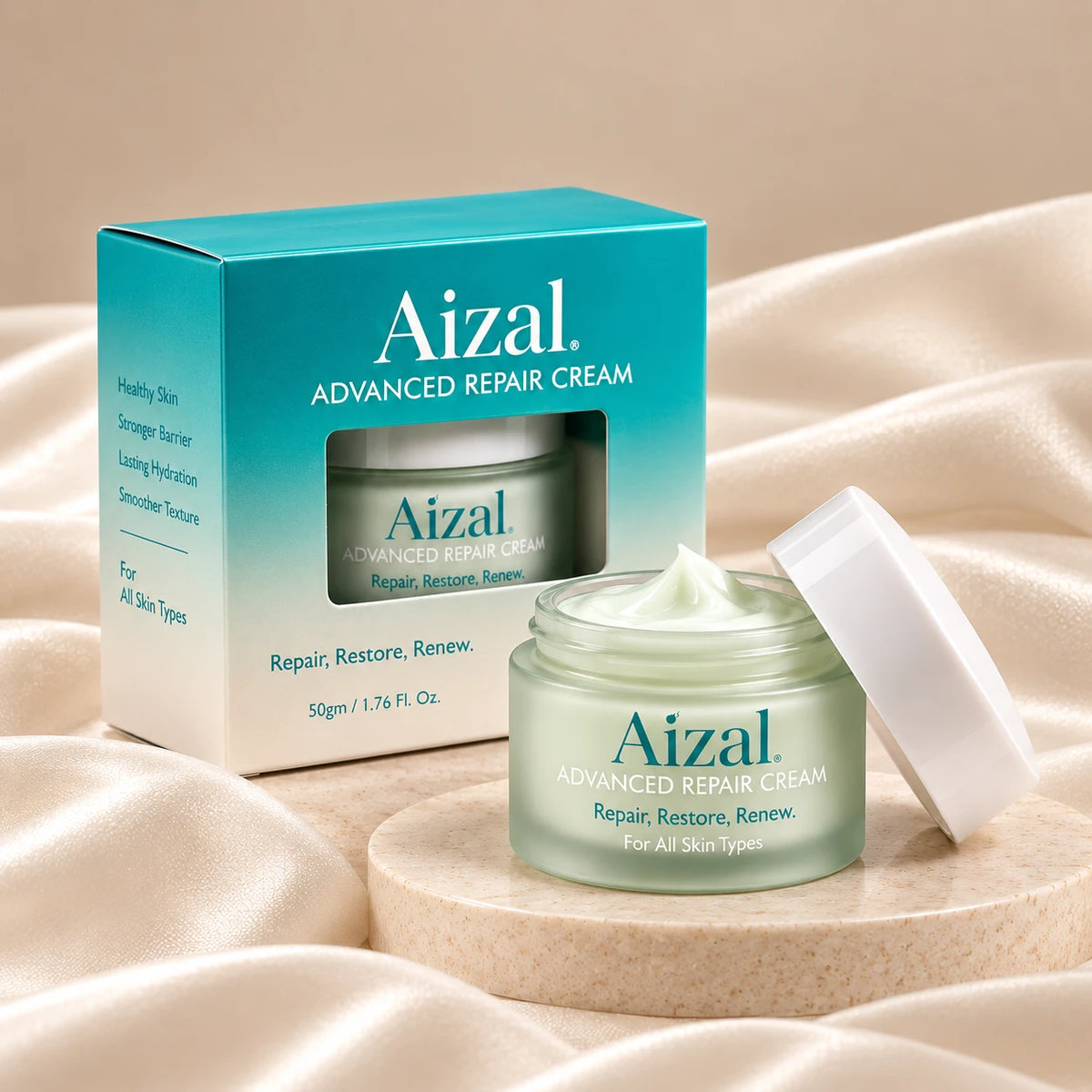 Advanced Repair Cream shown with its teal and white product box and an open jar of the cream on a beige satin fabric background.