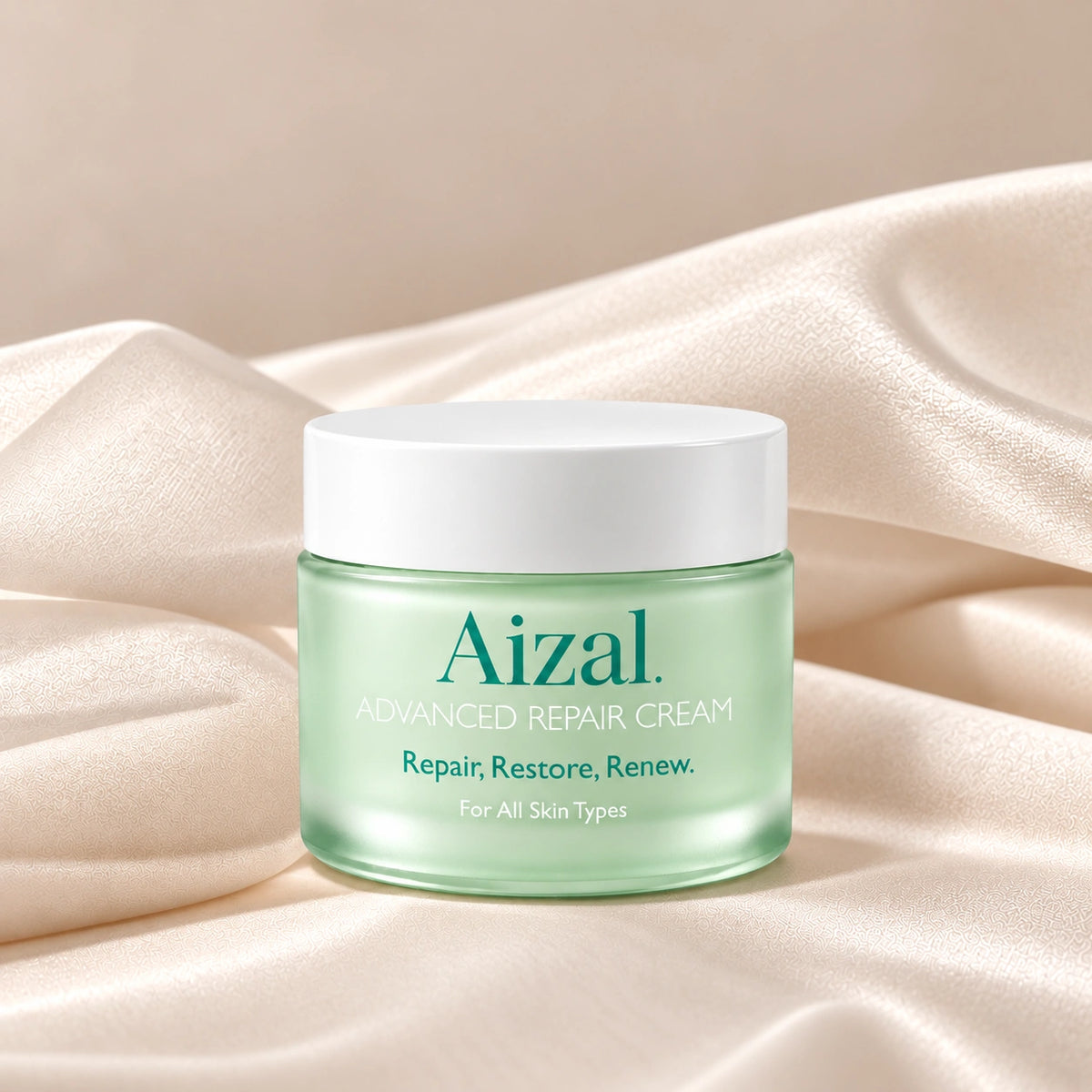  Advanced Repair Night Cream in a mint-green jar with a white lid on a beige satin background.