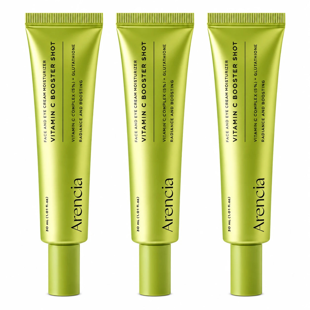 Three identical squeeze tubes of Arencia Vitamin C Booster Shot face and eye cream moisturizer arranged side by side on a plain white background.