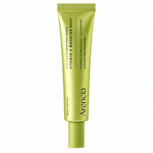 Arencia Vitamin C Booster Shot moisturizing cream in metallic gold-green packaging.