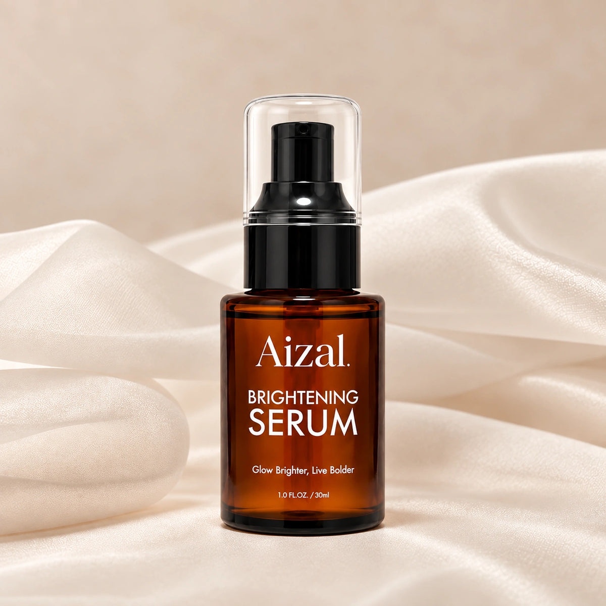  Brightening Serum 30ml in an amber glass bottle with a black pump on a beige background.