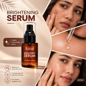 Aizal Brightening Serum bottle shown on a beige promotional graphic with before/after skin results and dropper close-ups.