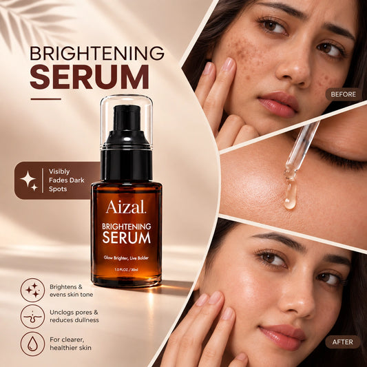 Aizal Brightening Serum bottle shown on a beige promotional graphic with before/after skin results and dropper close-ups.
