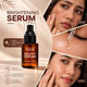 Aizal Brightening Serum bottle shown on a beige promotional graphic with before/after skin results and dropper close-ups.