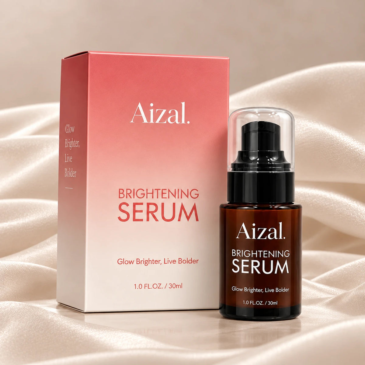  Brightening Serum shown with its pink-to-white gradient retail box and the amber glass pump bottle on a draped satin fabric background.