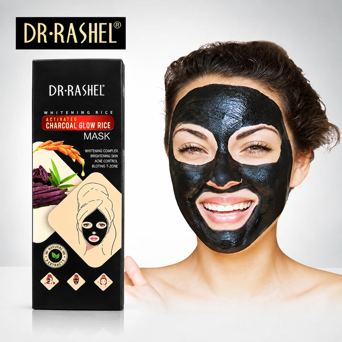 DR Rashel Activated Charcoal Glow Rice Mask box with a woman wearing a black charcoal face mask on a white background.