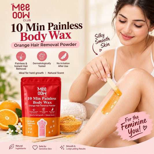 Mee Oow Club 10 Min Painless Body Wax Orange Hair Removal Powder with a woman applying orange wax to her leg, highlighting painless hair removal, smooth skin, and long-lasting results.