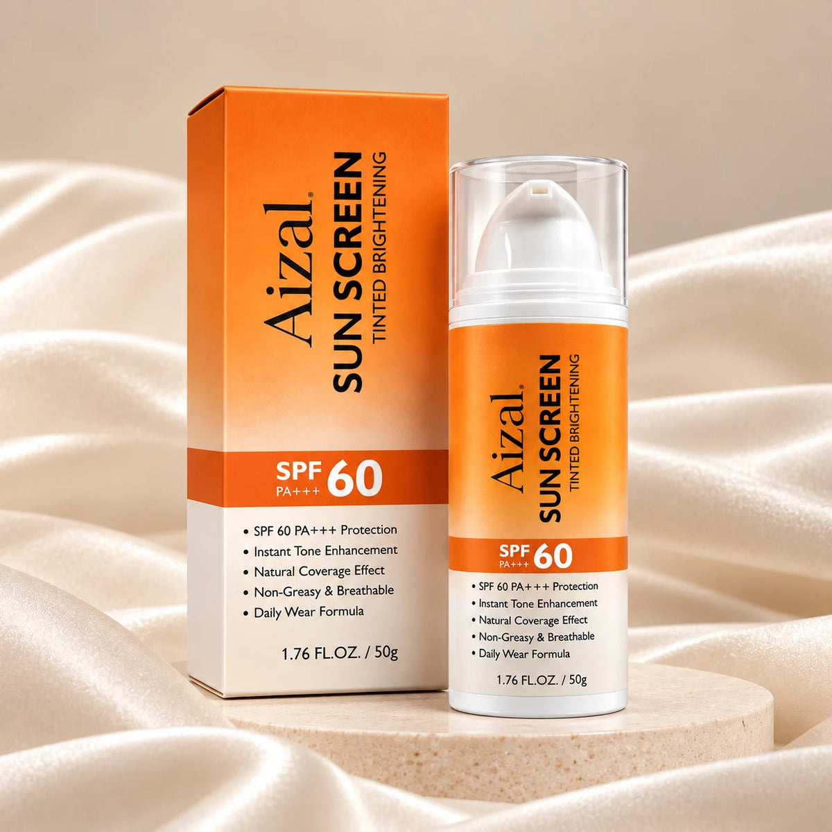 Sun Screen SPF 60 tinted brightening sunscreen shown with its orange and white retail box and matching pump bottle, set against draped champagne-colored fabric.
