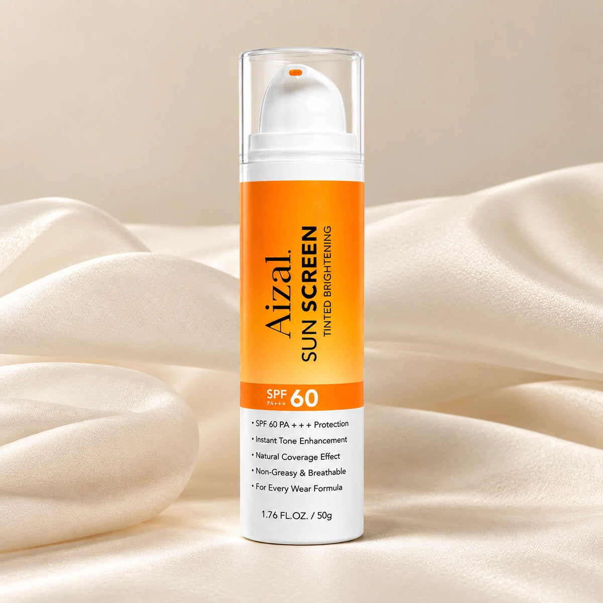 Tinted sunscreen SPF 60 PA+++ 50g in an orange and white pump bottle o