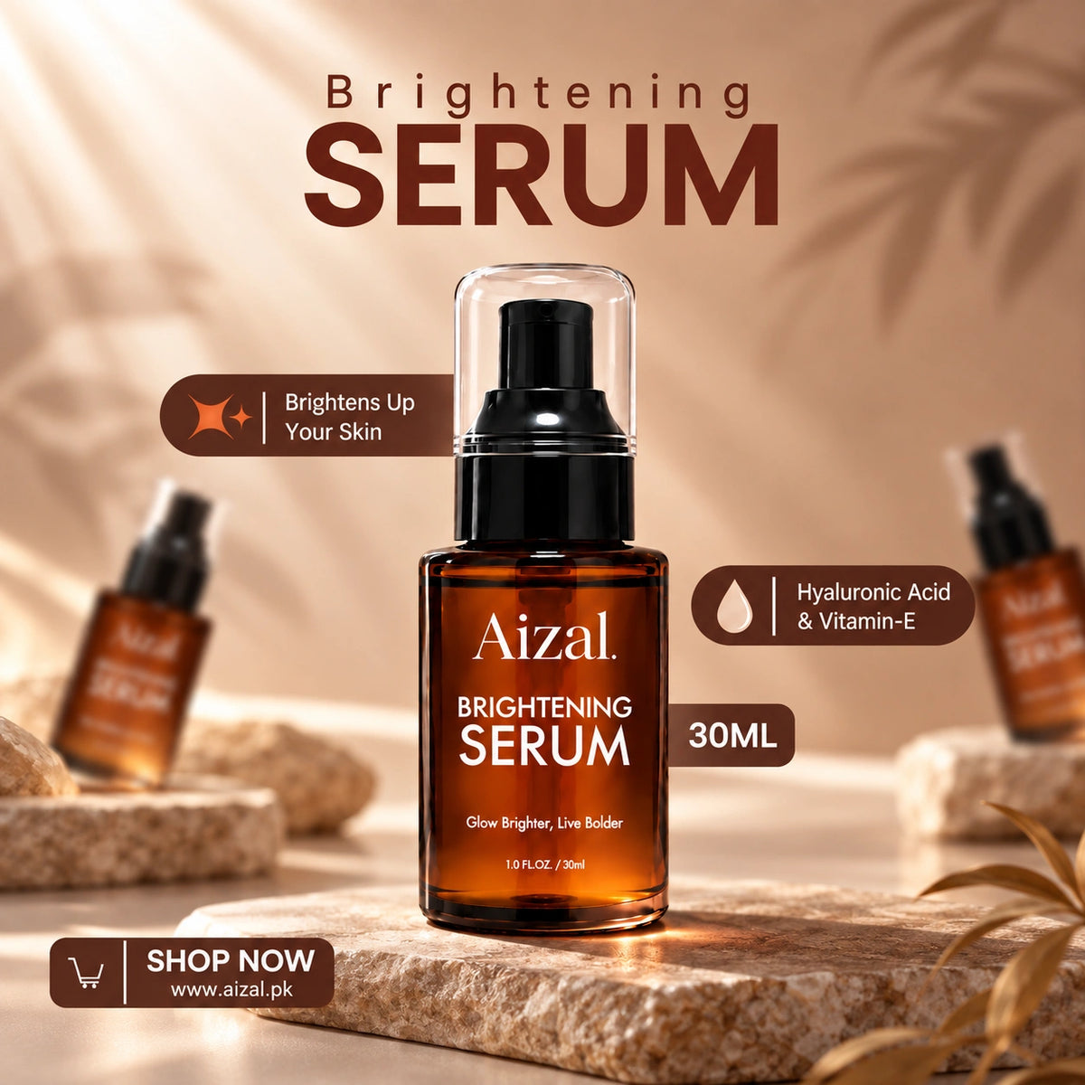 A bottle of Brightening Serum centered on a stone surface with promotional text overlays, including 'Brightening Serum'