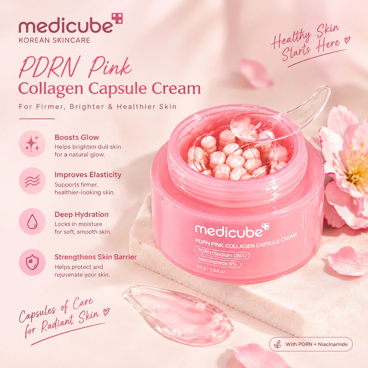 Medicube PDRN Pink Collagen Capsule Cream – 55g | Niacinamide 5% & Skin Hydration Cream